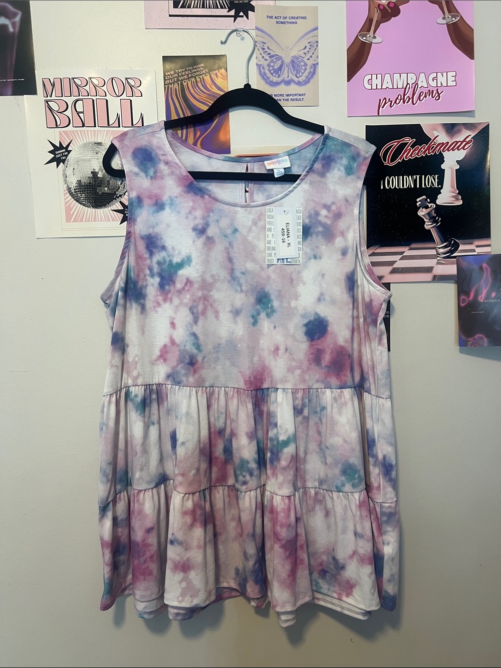 LuLaRoe Eliana Women's Tie-Dye Tiered Sleeveless Top - Pastel Pink & Blue